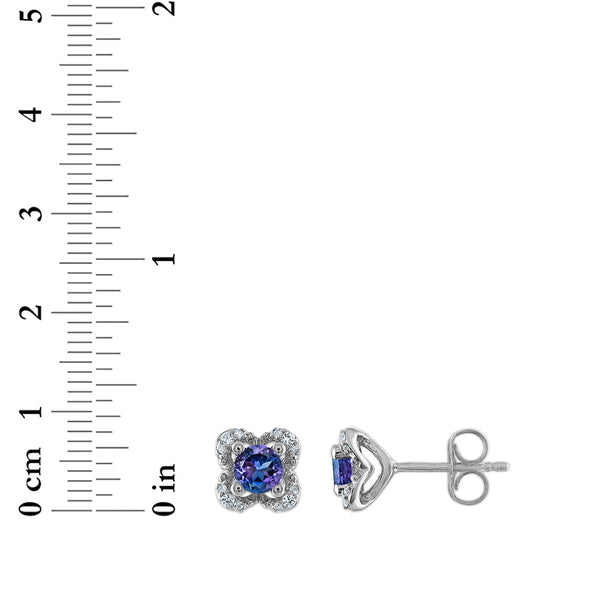 4MM Round Alexandrite and White Sapphire Birthstone Flower Halo Earrings in Sterling Silver