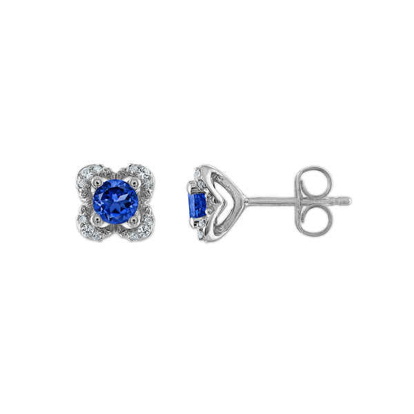 4MM Round Blue Sapphire and White Sapphire Birthstone Flower Halo Earrings in Sterling Silver