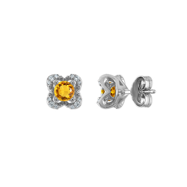 4MM Round Citrine and White Sapphire Birthstone Flower Halo Earrings in Sterling Silver