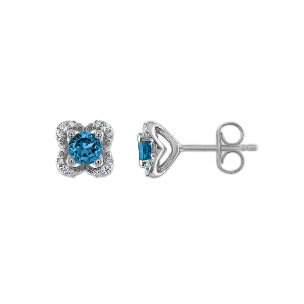 4MM Round Blue Topaz and White Sapphire Birthstone Flower Halo Earrings in Sterling Silver