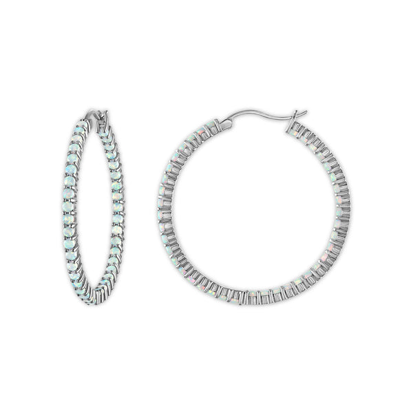 White Opal Hoop Earrings in 925 Silver