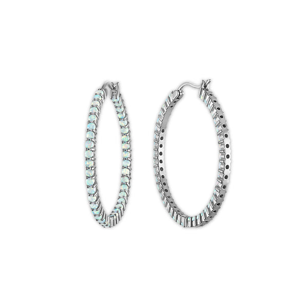 White Opal Hoop Earrings in 925 Silver