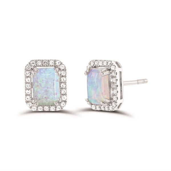 7X5MM Created Opal and White Sapphire Halo Earrings in Sterling Silver