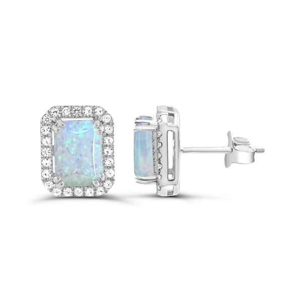 7X5MM Created Opal and White Sapphire Halo Earrings in Sterling Silver