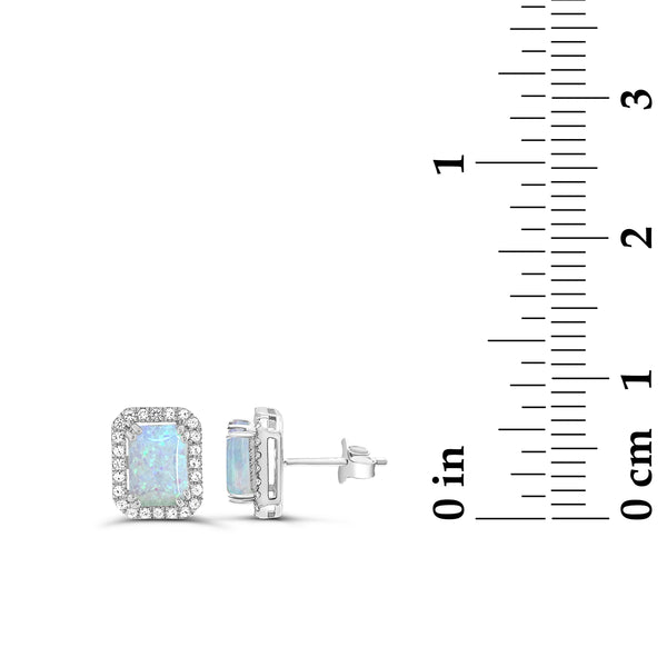 7X5MM Created Opal and White Sapphire Halo Earrings in Sterling Silver