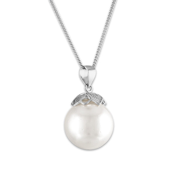 14MM Round Shell Pearl 18-inch Pendant in Rhodium Plated Sterling Silver