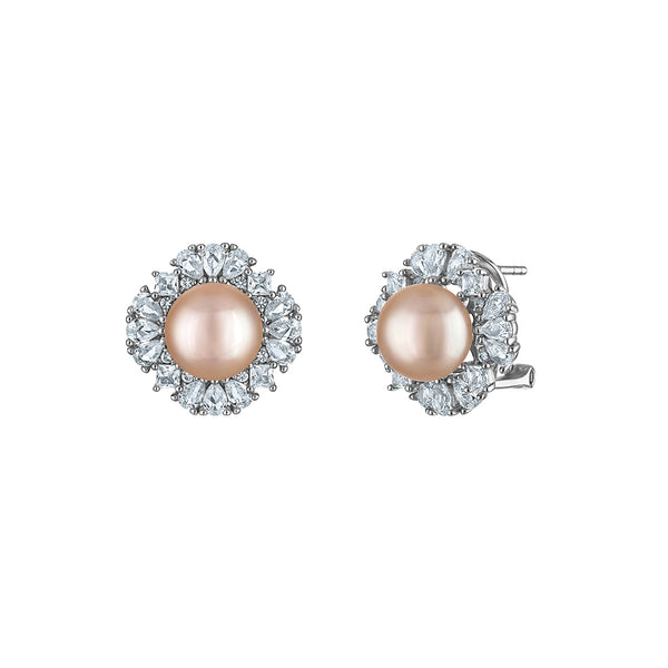 Pink Pearl and White Sapphire Earrings in Sterling Silver