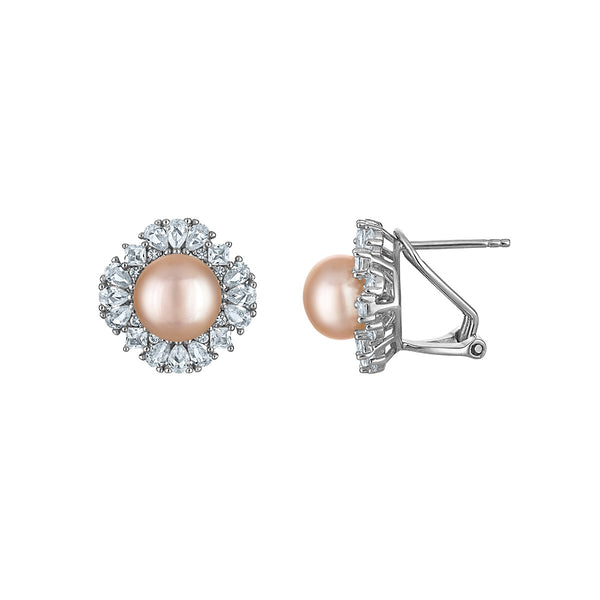 Pink Pearl and White Sapphire Earrings in Sterling Silver