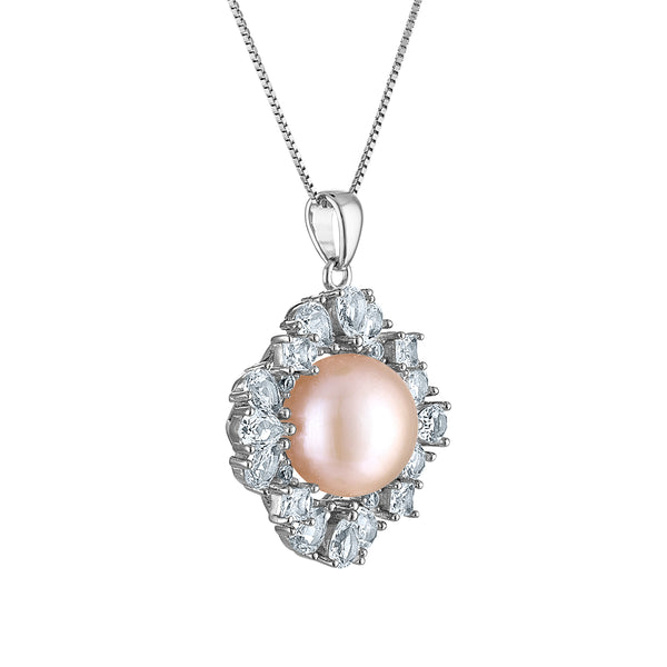 Pink Pearl and White Sapphire 18-inch Pendant in Sterling Silver