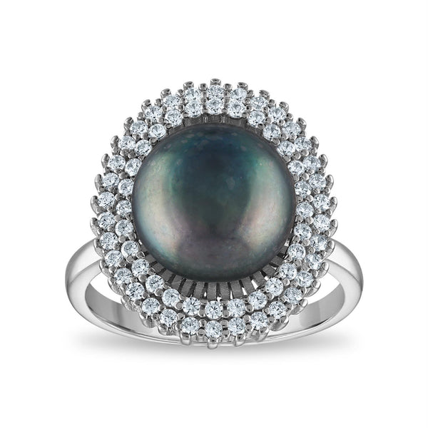 Black Pearl and White Sapphire Halo Ring in Sterling Silver