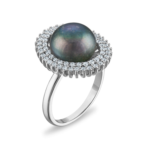 Black Pearl and White Sapphire Halo Ring in Sterling Silver