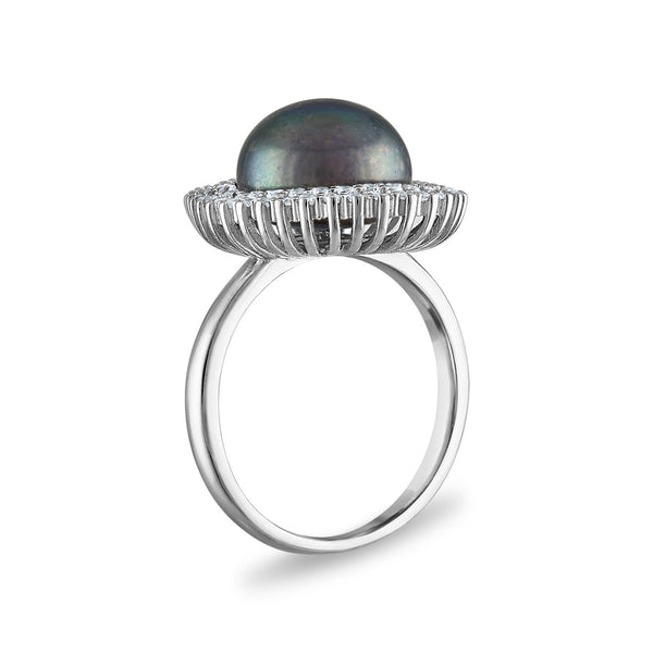 Black Pearl and White Sapphire Halo Ring in Sterling Silver