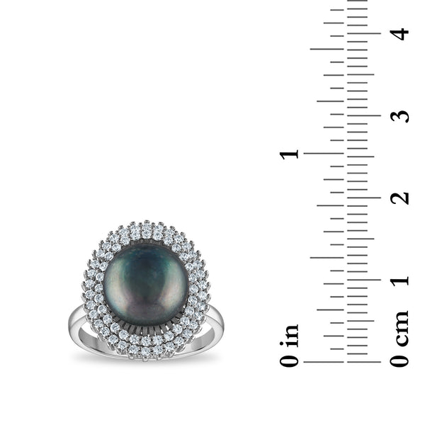 Black Pearl and White Sapphire Halo Ring in Sterling Silver