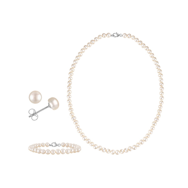 5MM Pearl 18-inch Necklace Bracelet Earrings Set in Sterling Silver
