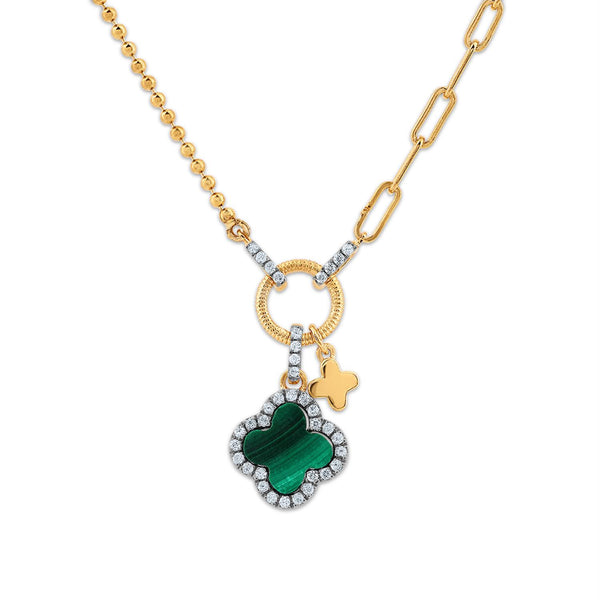 Malachite and Lab Grown Diamond 18-inch Clover Necklace in 18KT Gold Vermeil