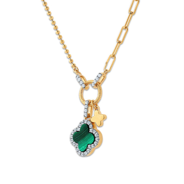 Malachite and Lab Grown Diamond 18-inch Clover Necklace in 18KT Gold Vermeil