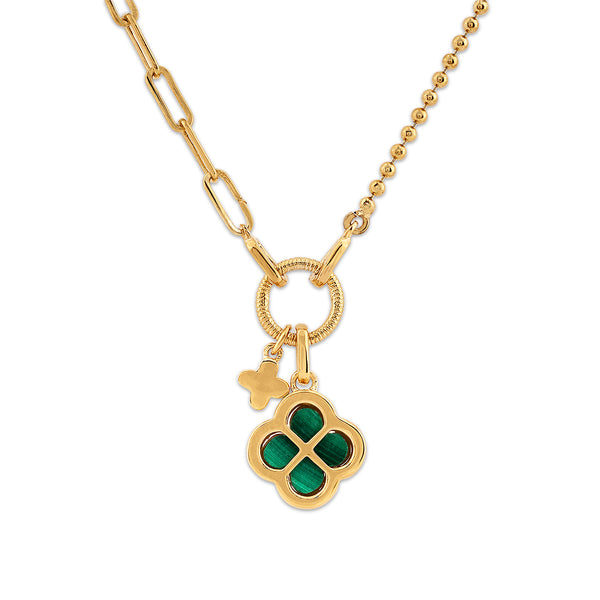 Malachite and Lab Grown Diamond 18-inch Clover Necklace in 18KT Gold Vermeil