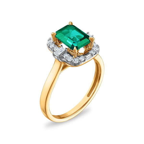 LoveSong EcoLove 8X6MM Emerald Shape Emerald and Diamond Halo Ring in 10KT Yellow Gold