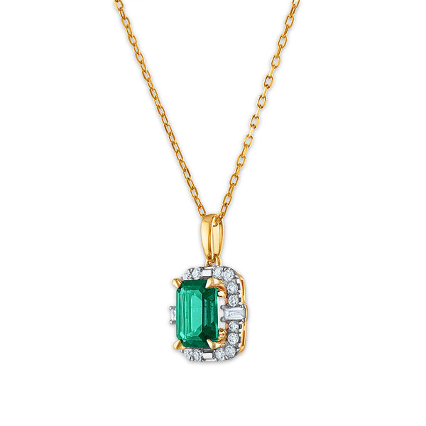 LoveSong EcoLove 8X6MM Emerald Shape Emerald and Diamond Halo 18-inch Pendant in 10KT Yellow Gold