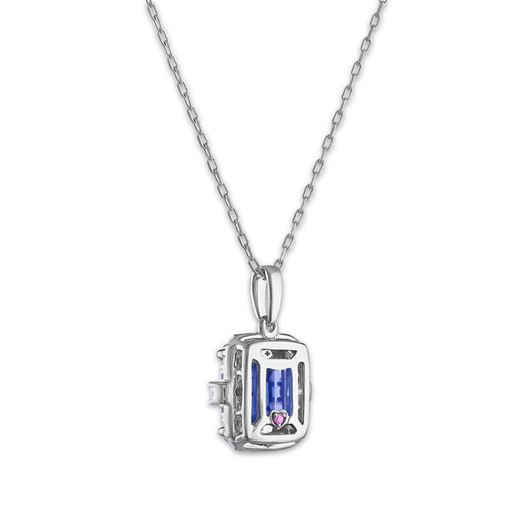 LoveSong EcoLove 8X6MM Emerald Shape Blue Sapphire and Diamond Halo 18-inch Pendant in 10KT White Gold