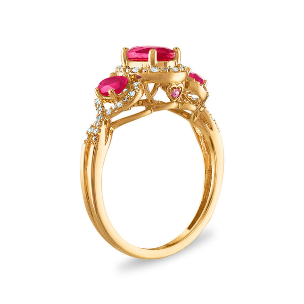 LoveSong Oval Ruby and Diamond Three Stone Ring in 10KT Yellow Gold