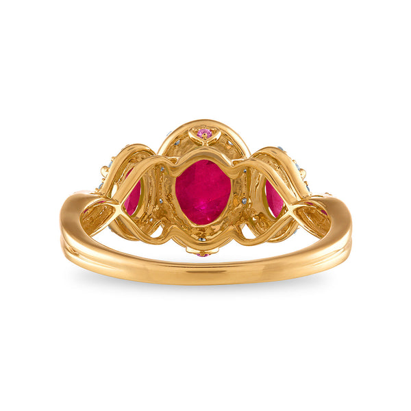LoveSong Oval Ruby and Diamond Three Stone Ring in 10KT Yellow Gold