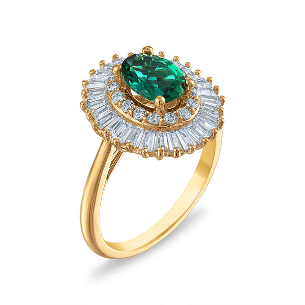 Emerald and Diamond Halo Ring in 10KT Yellow Gold