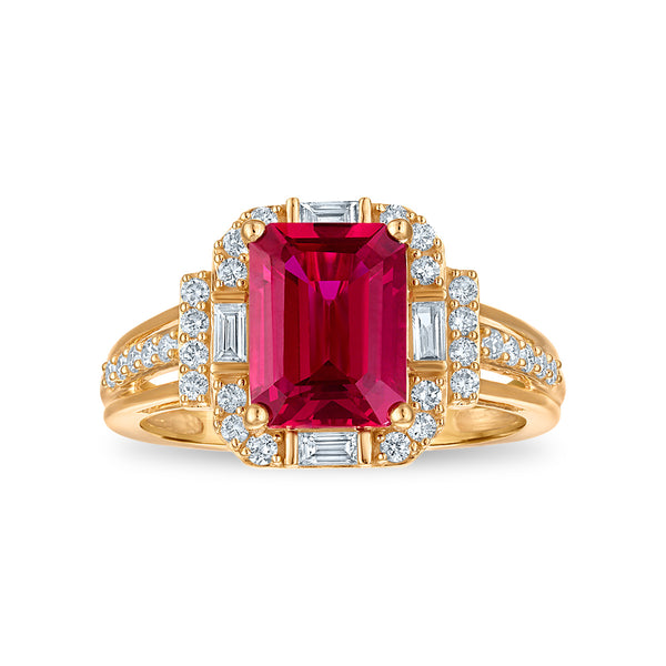Ruby and Diamond Halo Ring in 10KT Yellow Gold