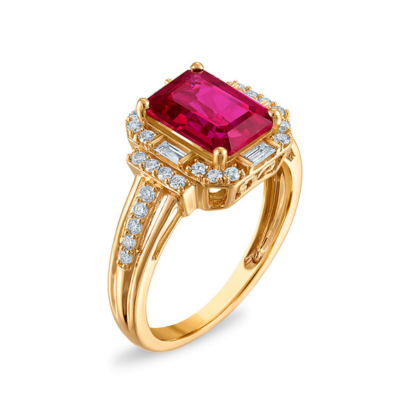 Ruby and Diamond Halo Ring in 10KT Yellow Gold