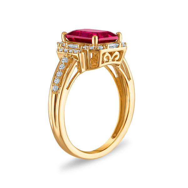 Ruby and Diamond Halo Ring in 10KT Yellow Gold