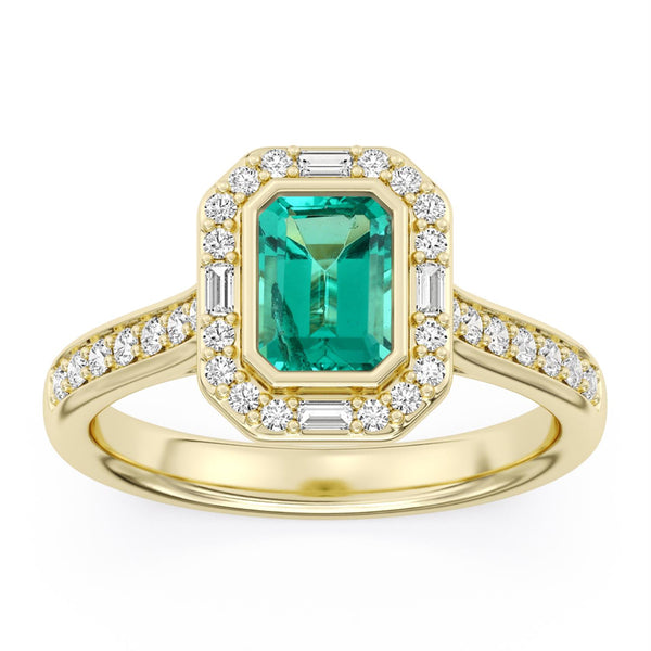 Created Emerald and Diamond Halo Ring in 10KT Yellow Gold
