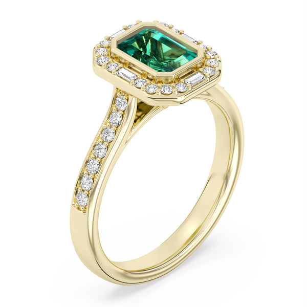 Created Emerald and Diamond Halo Ring in 10KT Yellow Gold