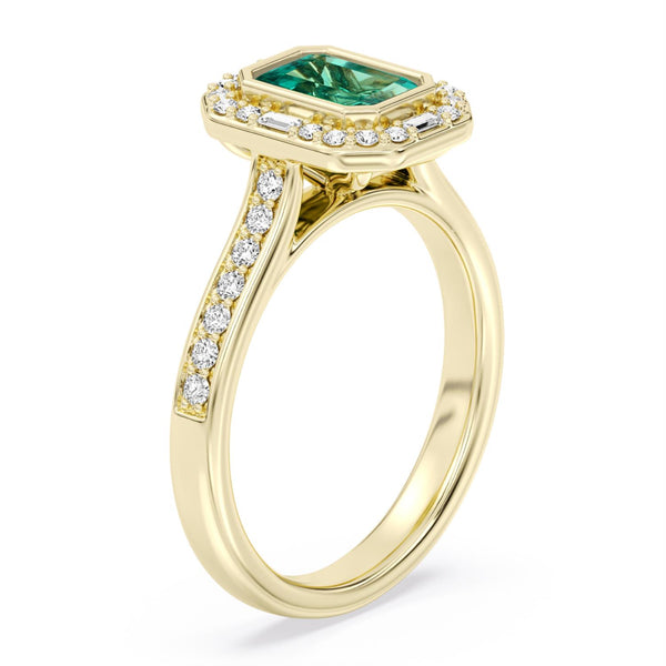 Created Emerald and Diamond Halo Ring in 10KT Yellow Gold