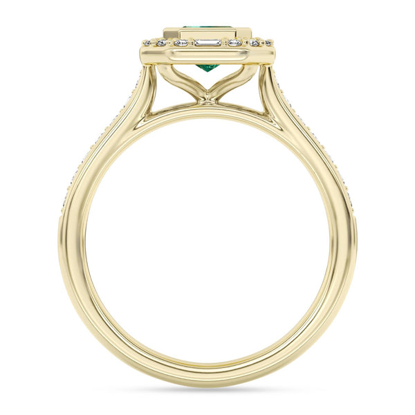 Created Emerald and Diamond Halo Ring in 10KT Yellow Gold
