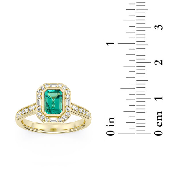 Created Emerald and Diamond Halo Ring in 10KT Yellow Gold