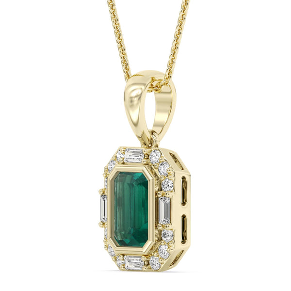 Created Emerald and Diamond Halo 18-inch Pendant in 10KT Yellow Gold