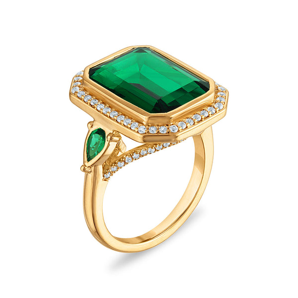 Created Emerald and White Sapphire Ring in 18KT Gold Vermeil. Size 7.