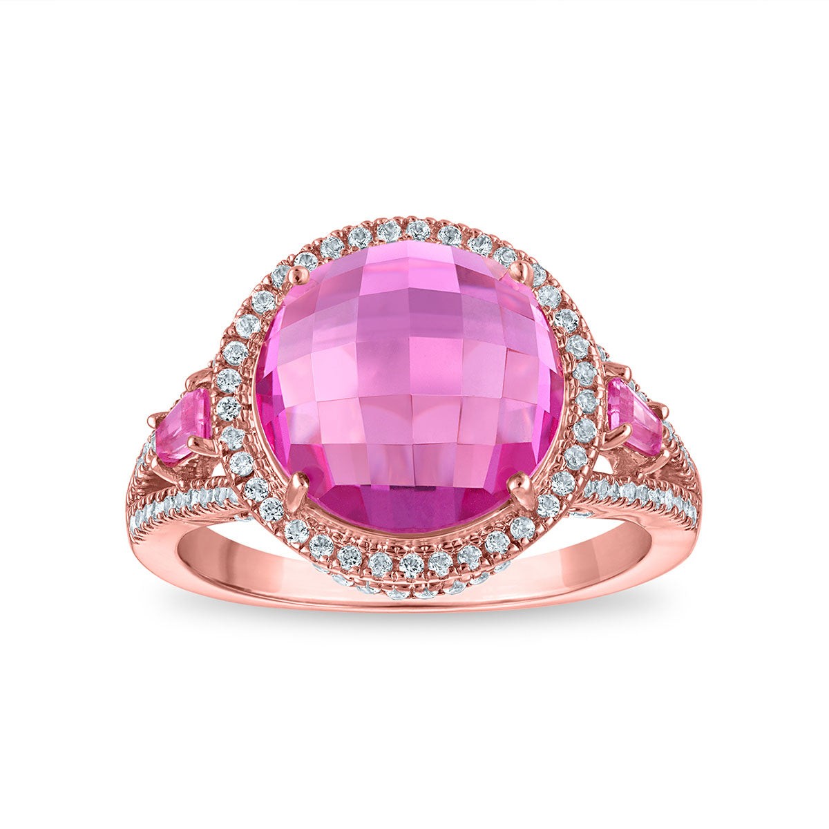 Pink and White Sapphire Ring in Rose Gold Plated Sterling Silver. Size 7