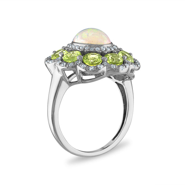 9X7MM Oval Opal and Peridot Halo Ring in Sterling Silver