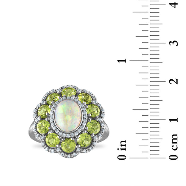9X7MM Oval Opal and Peridot Halo Ring in Sterling Silver
