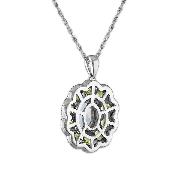 9X7MM Oval Opal and Peridot Halo 18-inch Pendant in Sterling Silver