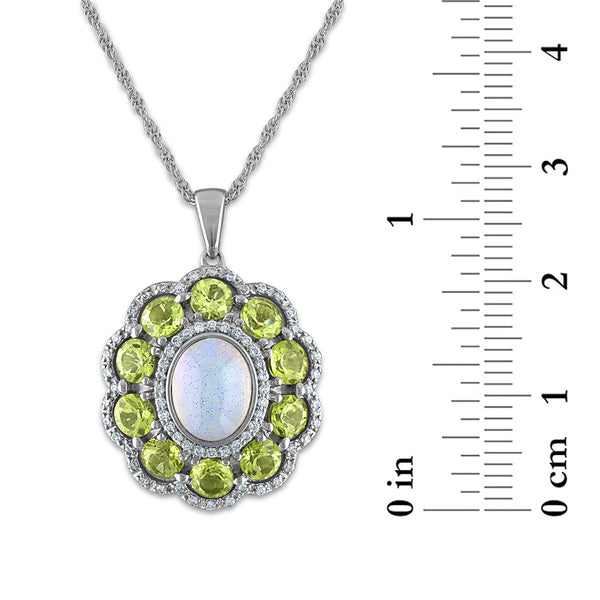 9X7MM Oval Opal and Peridot Halo 18-inch Pendant in Sterling Silver