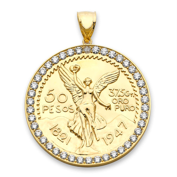 10KT Yellow Gold 56X43MM Centenario-Inspired Charm Pendant. Chain Not Included