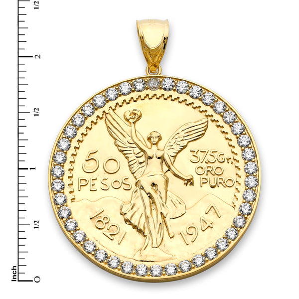 10KT Yellow Gold 56X43MM Centenario-Inspired Charm Pendant. Chain Not Included
