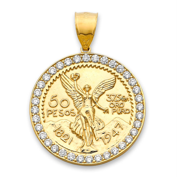 10KT Yellow Gold 36X26MM Centenario-Inspired Charm Pendant. Chain Not Included