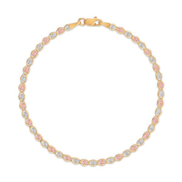 10KT Tri-Color Gold 7-inch 2.7MM Heart Valentino Bracelet