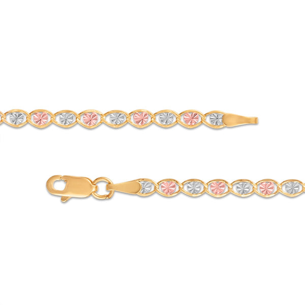 10KT Tri-Color Gold 7-inch 2.7MM Heart Valentino Bracelet