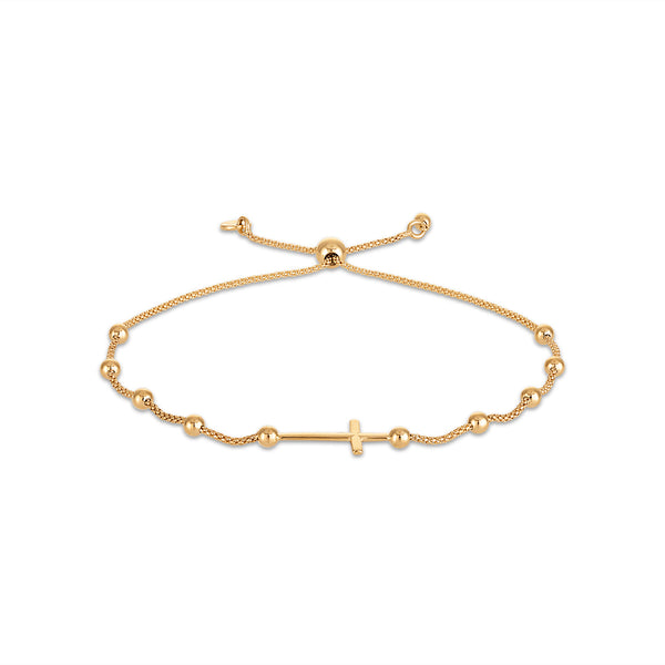 10KT Yellow Gold Bolo Bracelet with polished 3MM beads and a cross station