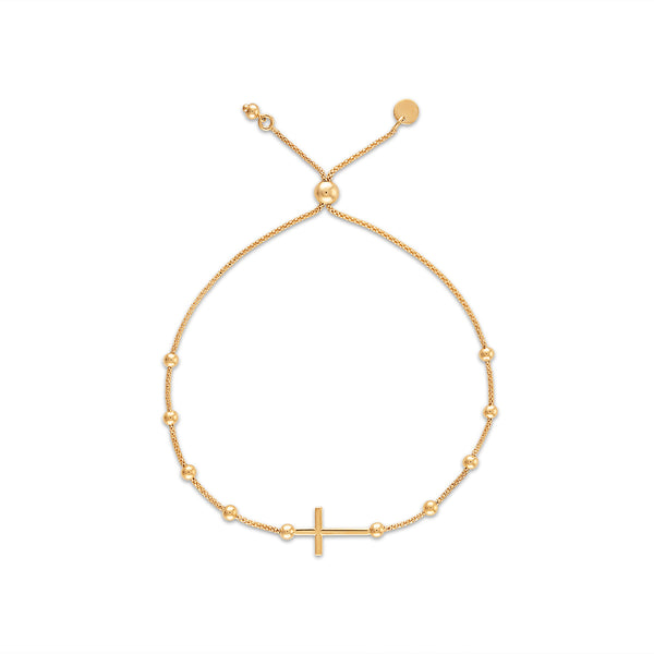 10KT Yellow Gold Bolo Bracelet with polished 3MM beads and a cross station