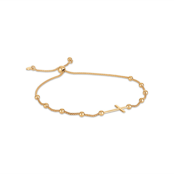 10KT Yellow Gold Bolo Bracelet with polished 3MM beads and a cross station